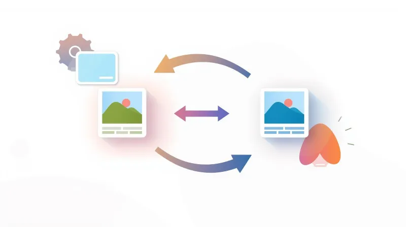 Image format conversion cycle showing legacy formats transforming to WebP and AVIF modern formats with efficiency arrows