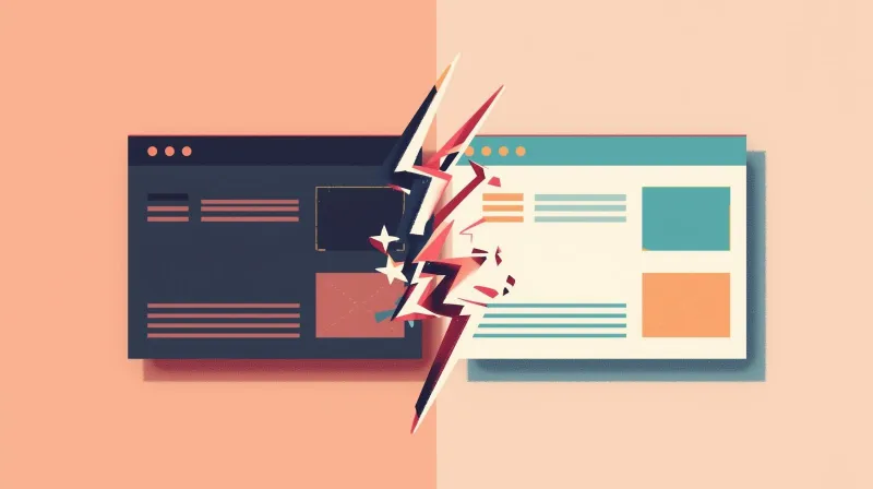 Two browser windows separated by lightning bolt showing crashed website versus functioning site to illustrate emergency triage