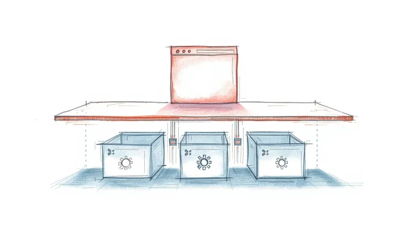Website design layer floating above backend technical systems showing front end and back end as separate layers