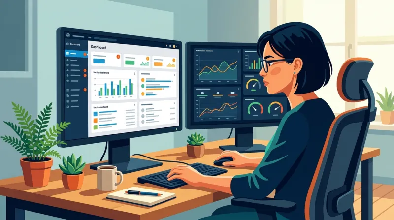 Web developer at a workstation applying updates and monitoring website performance on dual monitors