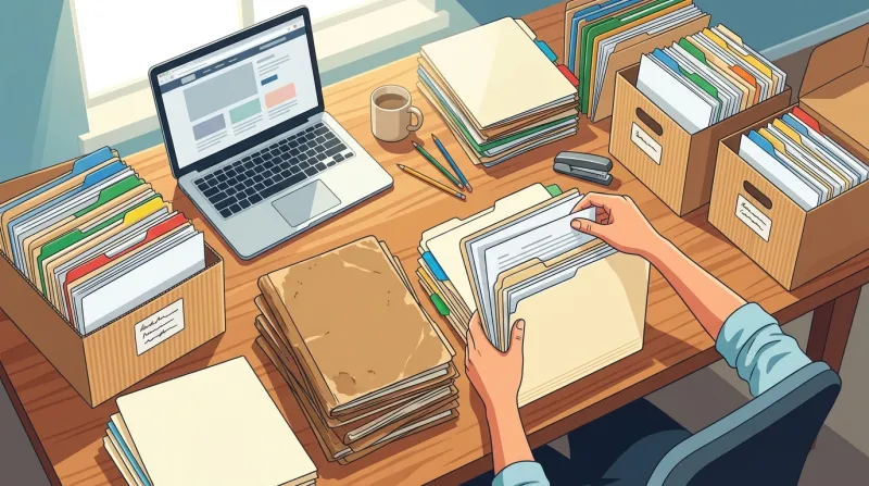 Overhead view of organized document folders being sorted for website content migration with a laptop showing a website nearby