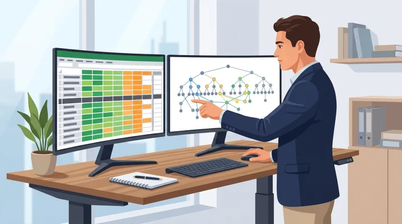 Person at a standing desk tracing URL redirect connections between two monitors showing a spreadsheet and a website sitemap