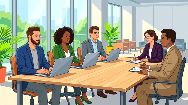 Three vendors presenting website redesign proposals to an evaluation committee reviewing and scoring responses at a conference table