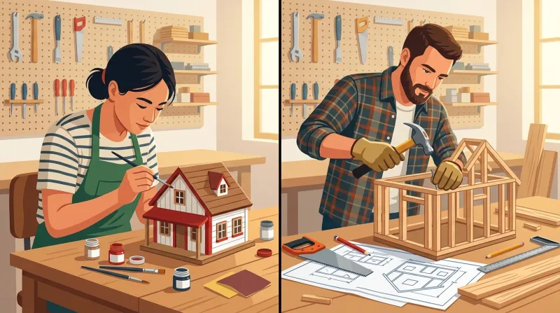 Side-by-side comparison of a website redesign versus a website rebuild, showing one person refinishing an existing structure and another building from scratch