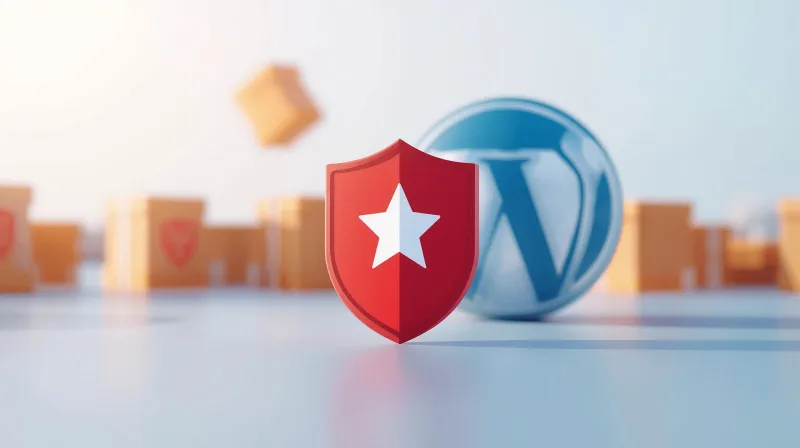 Red quality guarantee shield standing in front of WordPress logo representing protected custom theme development