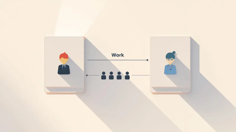 Two office figures connected by arrows showing work flowing between agency and partner under one brand