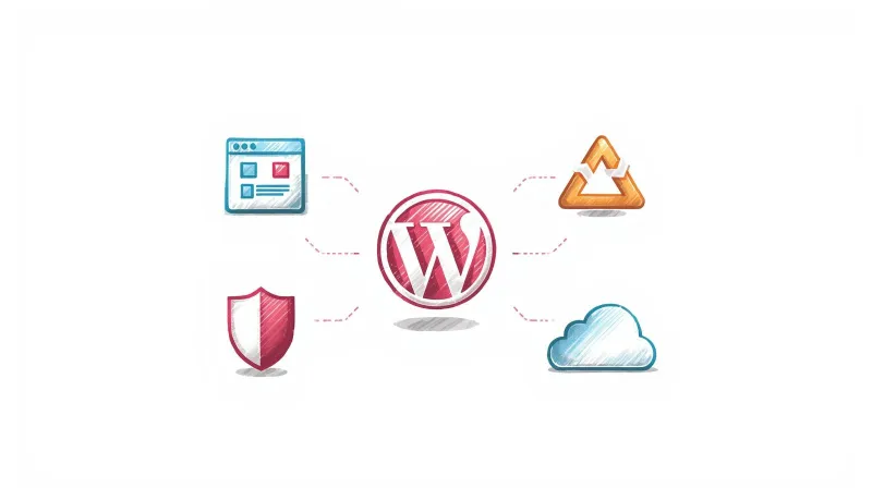 WordPress logo connected to icons representing updates, security, backups, and performance optimization