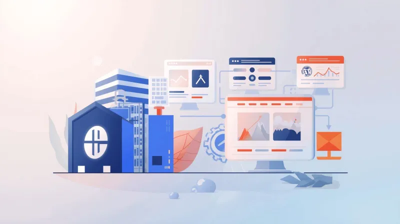 Agency building connected to client websites with server infrastructure managing WordPress sites behind the scenes