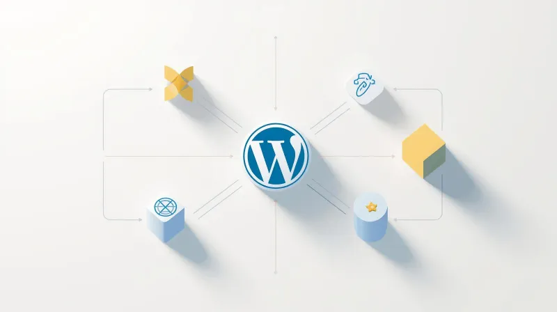 WordPress hub connecting to multiple external systems including CRM, payments, and automation tools via API integration