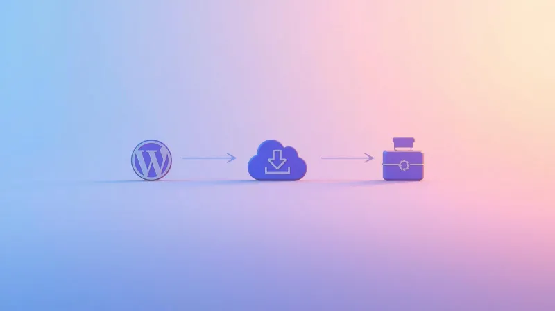 WordPress backup workflow showing site content flowing to cloud storage then to new server