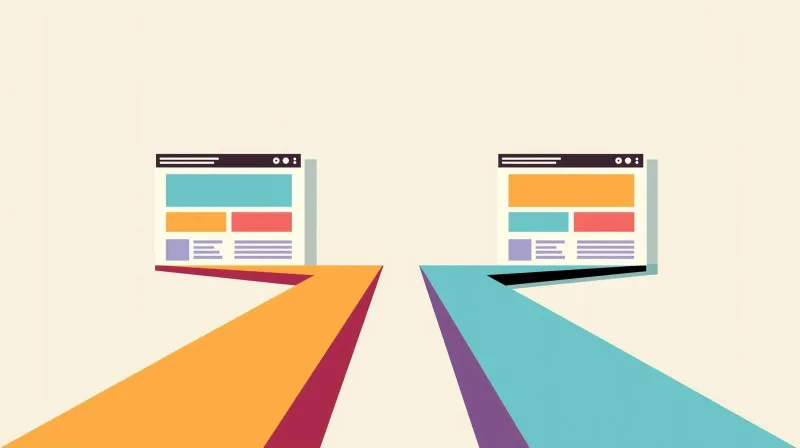Two diverging paths leading to different website outcomes representing the theme vs page builder decision