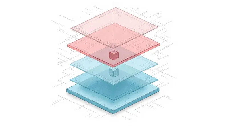 Three floating translucent cache layers stacked with a cube moving downward through them toward the base platform