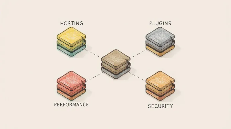 Central hub connecting to four WordPress site audit areas: hosting, plugins, performance, and security