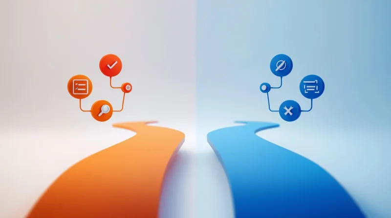 Two diverging paths showing strategic consulting approach with checkmarks versus reactive development approach