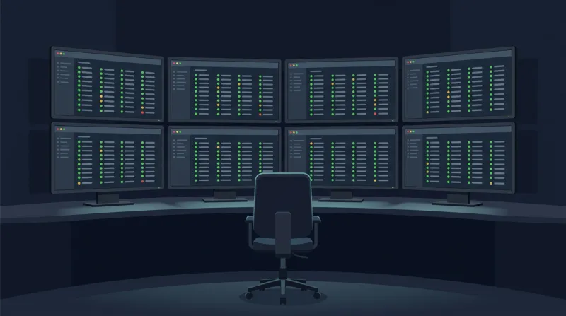 A wall of multiple monitors in a network operations center displaying status indicators for many websites simultaneously