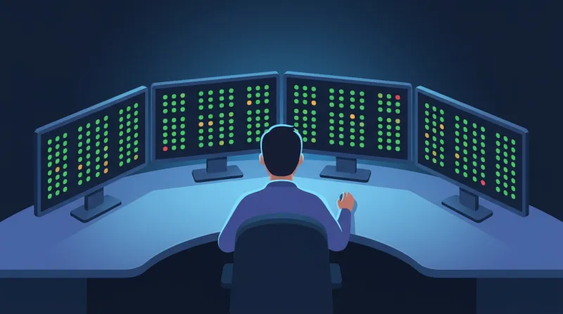 Operations room with multiple monitors displaying security status across a fleet of WordPress websites
