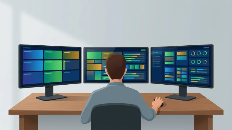 A multi-monitor workstation displaying website health dashboards for managing WordPress updates across many sites