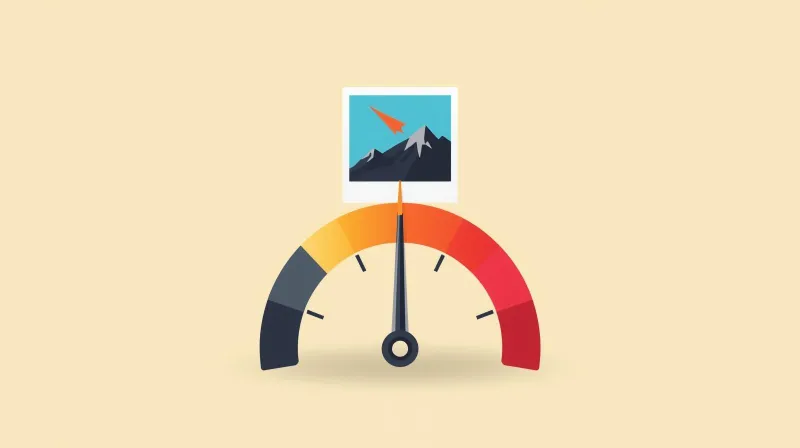 Large photo icon weighing down a performance gauge needle illustrating how image file size impacts WordPress page speed