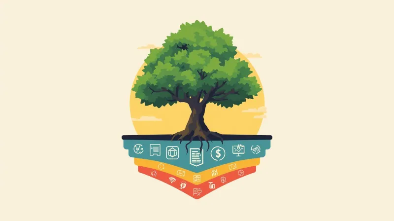 Tree with deep roots growing from website icons representing long-term WordPress investment stability and value