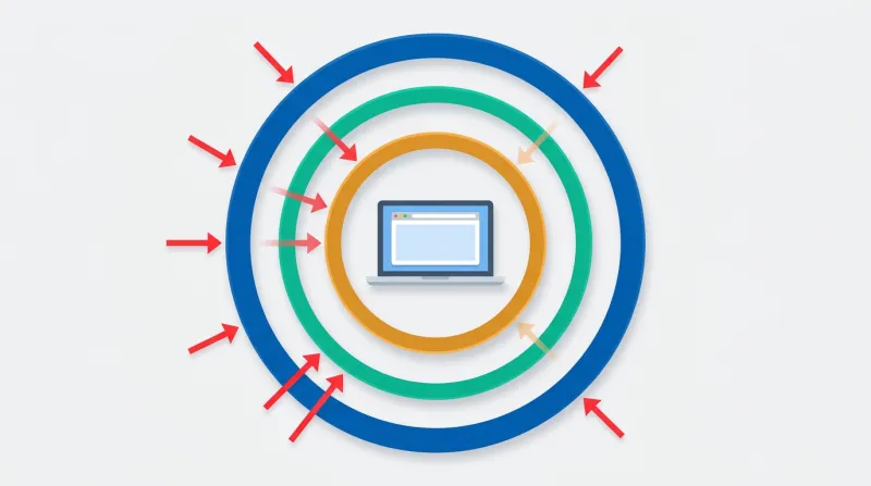 Multiple concentric layers of security protection surrounding a WordPress website, from edge firewall to server to application level