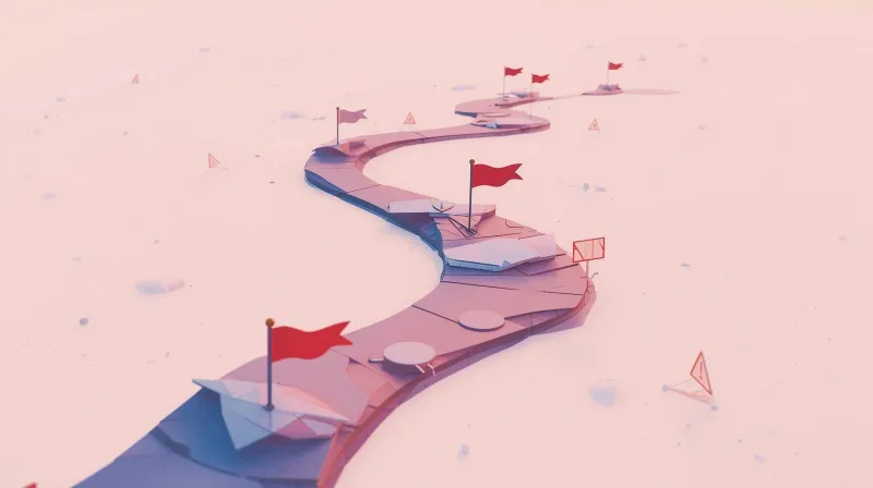 Winding path with red warning flags and caution symbols marking hidden traps in maintenance contracts