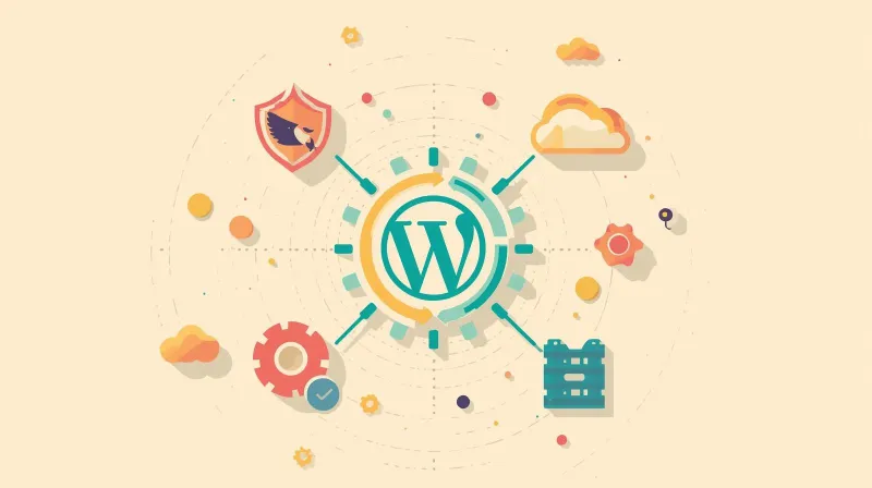 WordPress management ecosystem showing interconnected elements of security, updates, backups, monitoring, and support