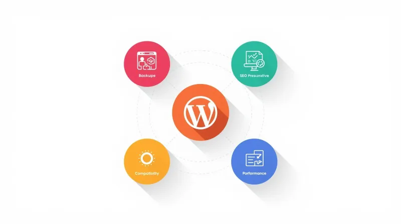 WordPress logo surrounded by key migration elements: backups, SEO preservation, compatibility, and performance