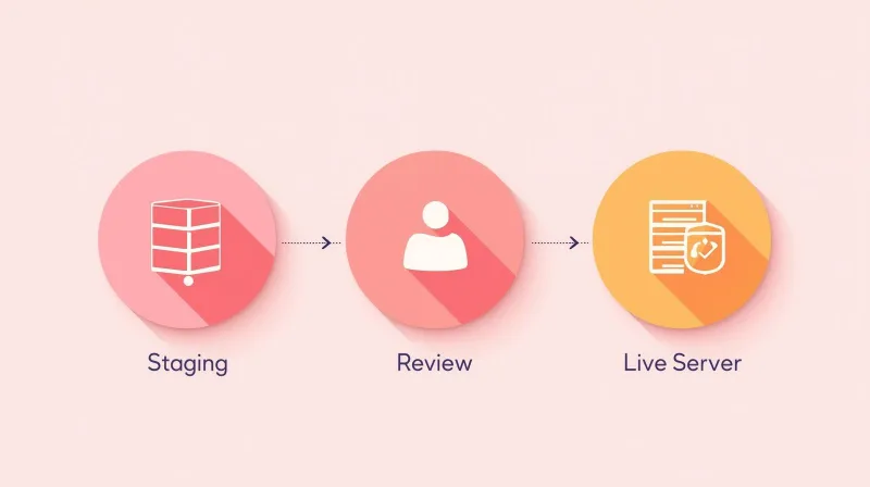 Three-step WordPress migration workflow: staging environment, client review, and live server deployment