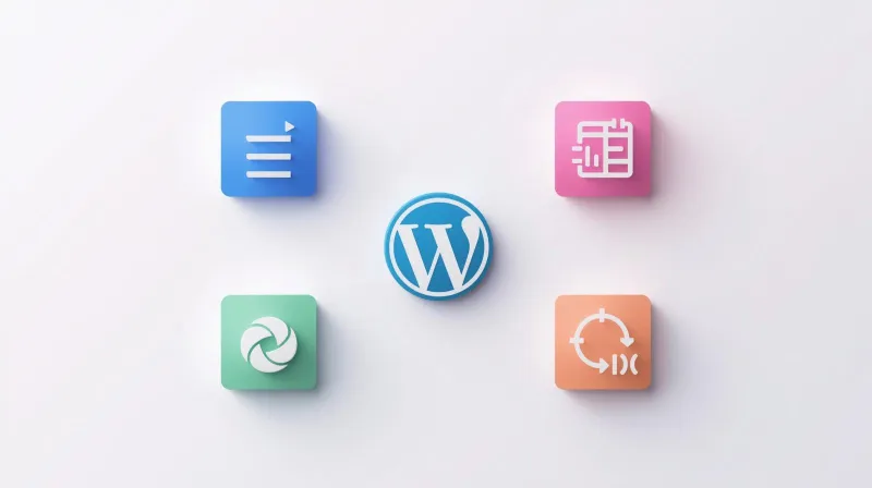 WordPress logo surrounded by icons representing themes, plugins, images, and code optimization elements