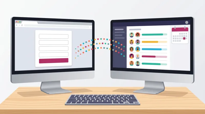 Two monitors showing a WordPress volunteer signup form and an organizing platform CRM dashboard with data flowing between them