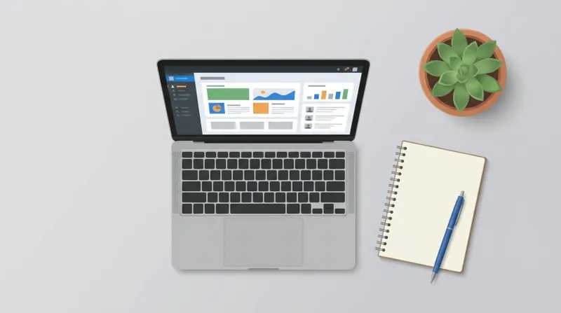 A calm office workspace with a laptop and notebook representing the careful planning process for a safe WordPress PHP upgrade.