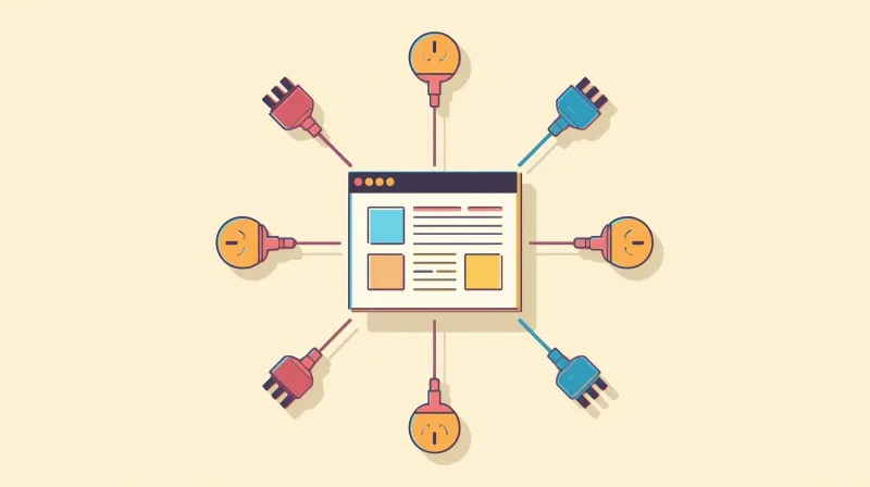 WordPress plugin ecosystem with core website surrounded by multiple plugin extensions connecting from all sides