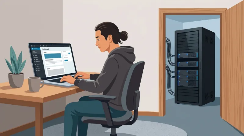 A web developer working at a desk with a server rack visible in the background, illustrating the boundary between hosting infrastructure and WordPress support