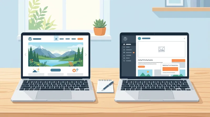 Two browser windows side by side, one showing a working WordPress site, the other showing the same site in a broken state