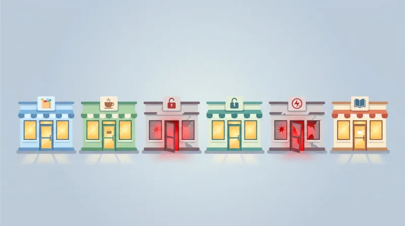 Row of website storefronts with several showing broken entry points representing plugin vulnerabilities
