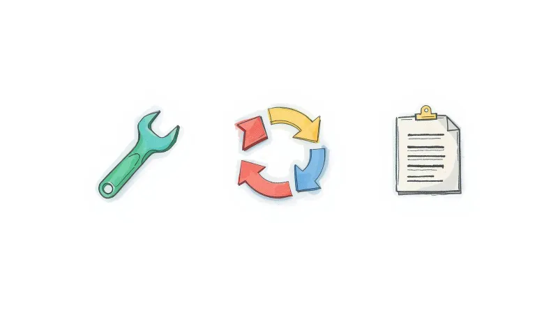 Wrench tool, circular refresh arrows, and checklist clipboard icons for WordPress quick fix steps