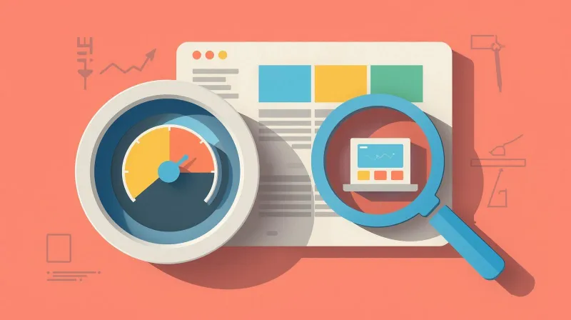 Speed test gauge alongside diagnostic magnifying glass examining website performance