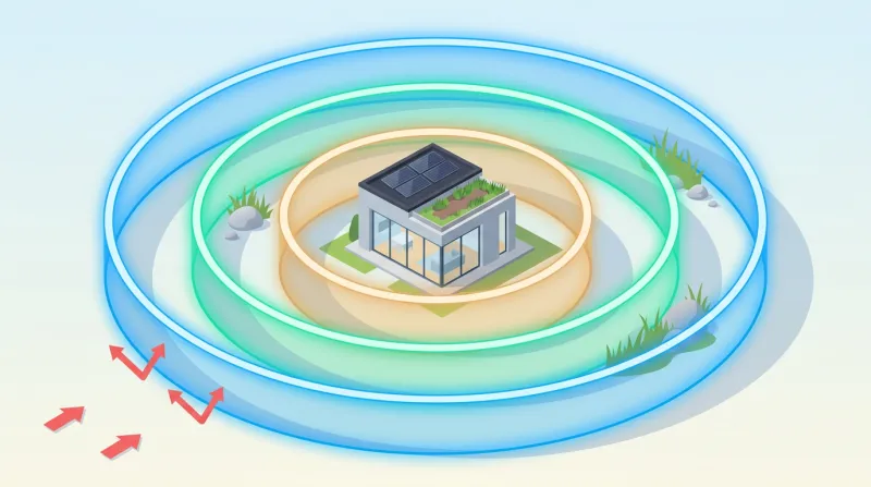 Multiple concentric defensive walls surrounding a building representing layered WordPress security