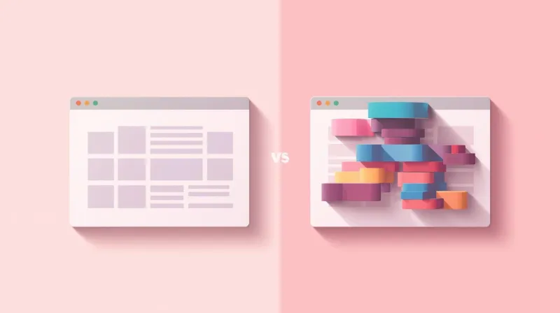 Side-by-side comparison of a clean structured website layout versus a page builder layout cluttered with stacked blocks