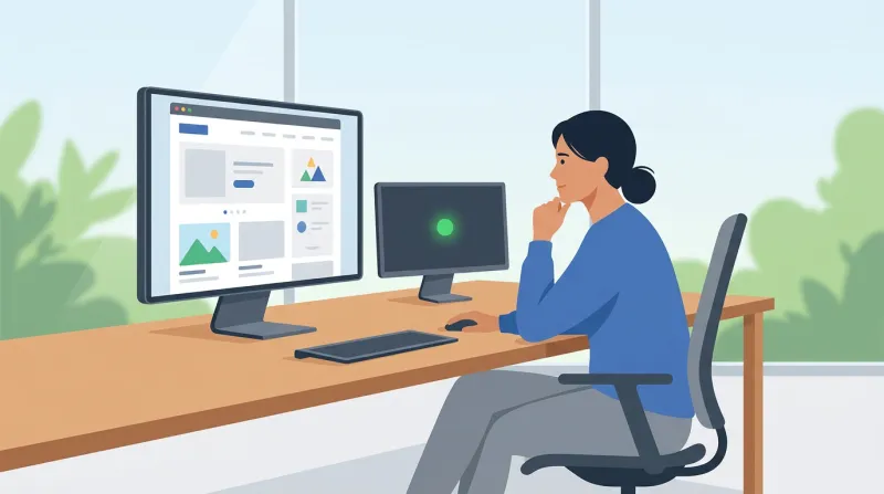 A person reviewing a WordPress website on a monitor in a professional office, representing managed WordPress update monitoring and verification.