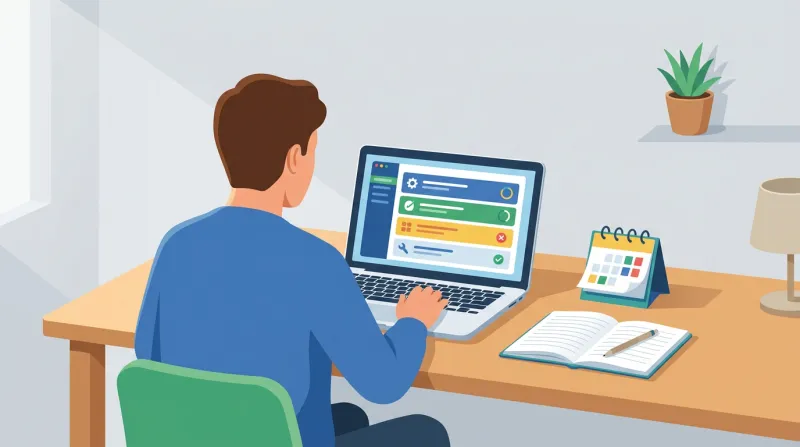 A person at a desk organizing software updates on a laptop as part of a weekly WordPress maintenance routine