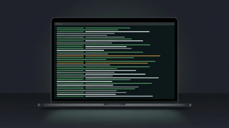 A laptop displaying a terminal window with scrolling lines of automated website scanning output in a dark workspace