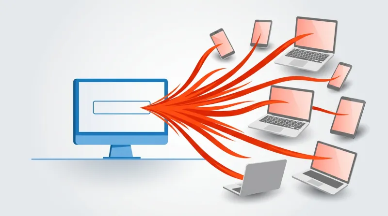 A single website form field radiating outward to multiple visitor devices showing how one XSS vulnerability affects many users