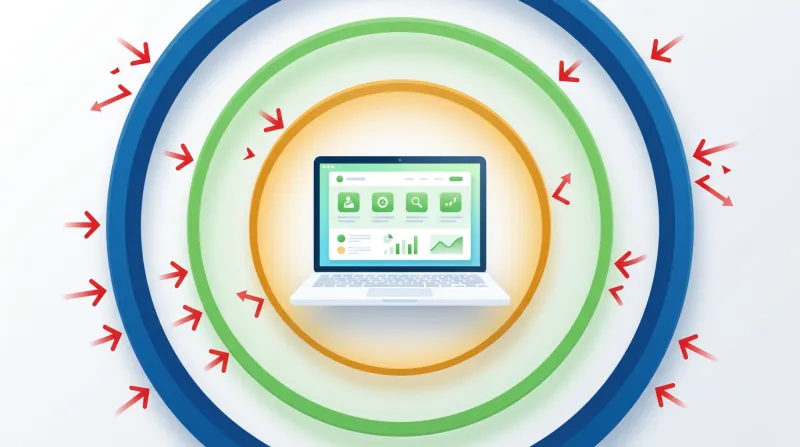 Three concentric protective barriers surrounding a clean website representing layered security defenses against cross-site scripting