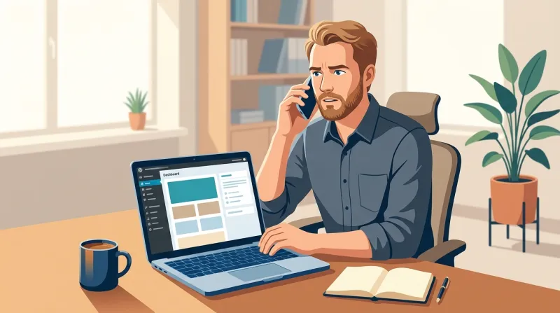 An agency developer at a desk reviewing a WordPress site issue while on a support call, illustrating the support decision in managed hosting