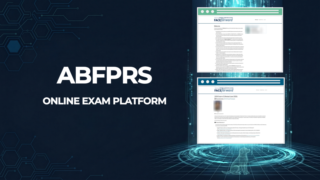 ABFPRS, Online Exam Platform, beside screenshots of the exam welcome page and an exam question