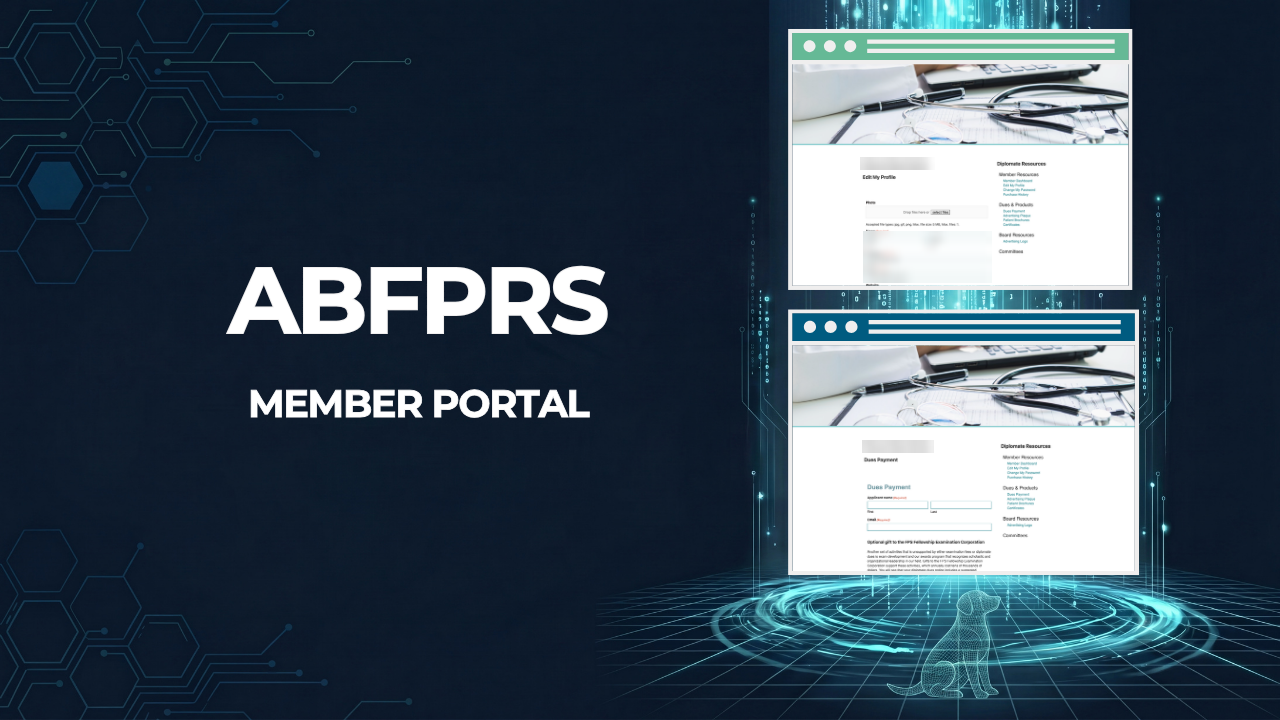 ABFPRS, Member Portal, beside screenshots of the members' area profile and dues pages