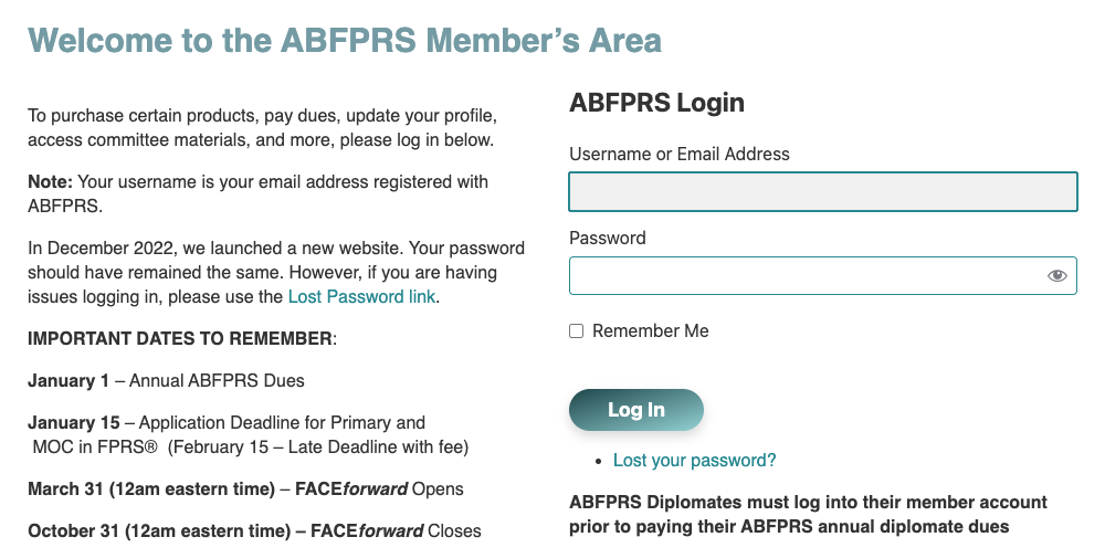 The ABFPRS members' area sign-in page, listing what members can do once signed in