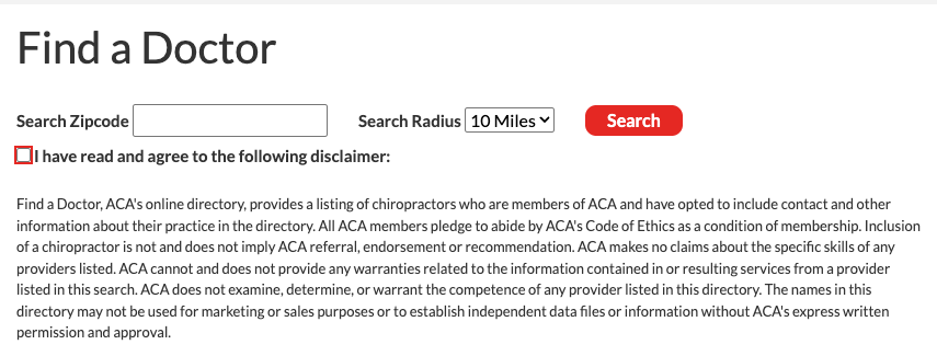 The Find a Doctor search on ACA's Hands Down Better site, with a zip code field and a search radius