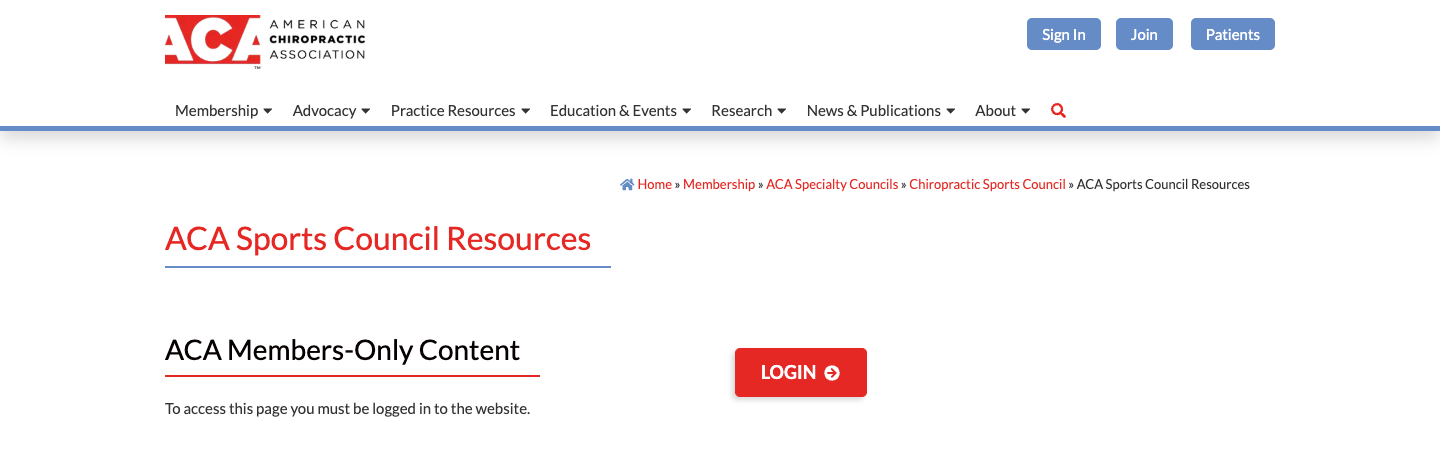 An ACA council resources page as a signed-out visitor sees it, with a members-only notice and a login button